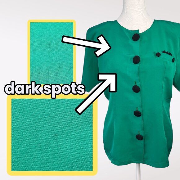 Vintage 80s Green Button Up Blouse Black Buttons Retro Short Sleeve Medium - Picture 8 of 9